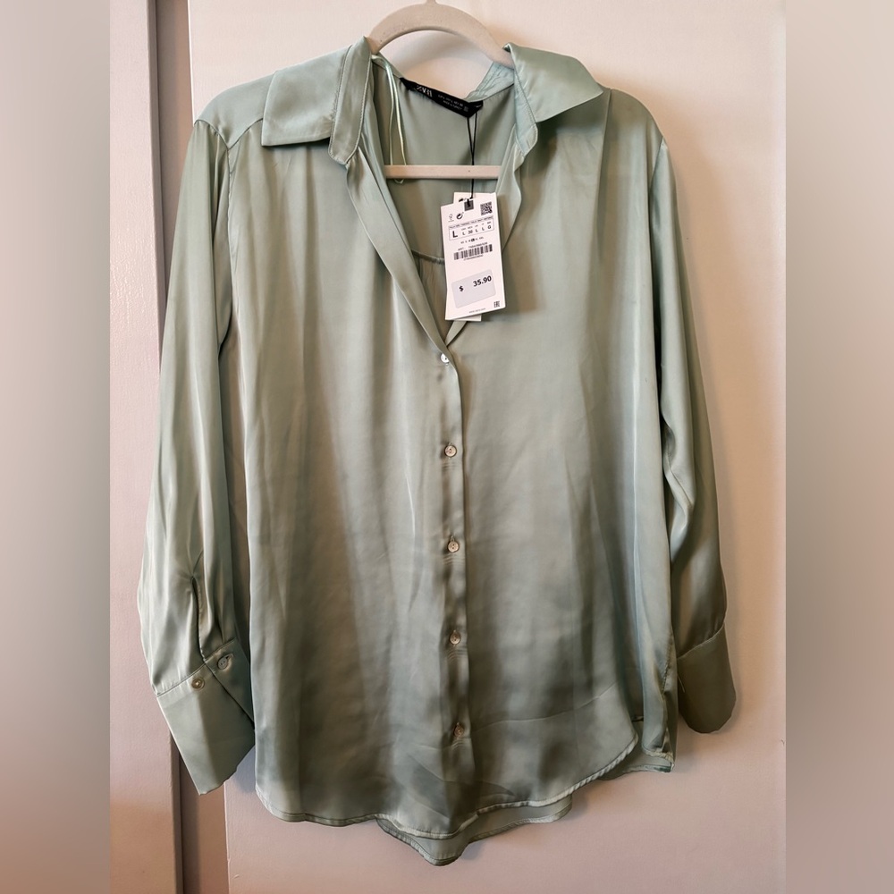 Zara Mint Green Satin Long Sleeve Button Down Shirt